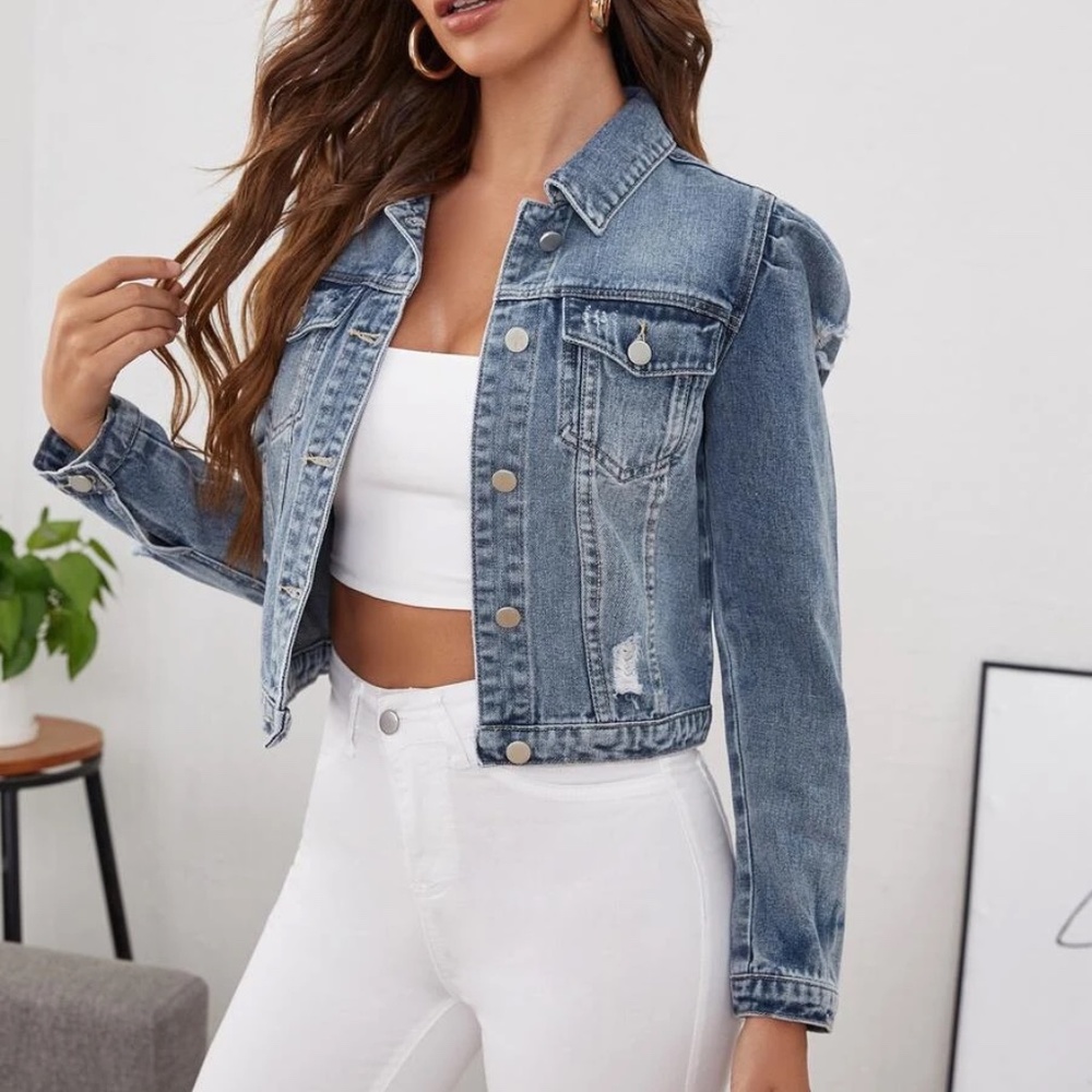 Boho Distressed Puff Sleeve Cropped Denim Jacket - Picture 3 of 10